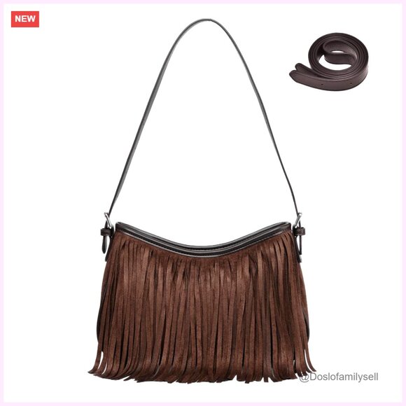 Handbags - Fringe Suede Hobo Bag with Detachable Straps, Crossbody Shoulder Purse